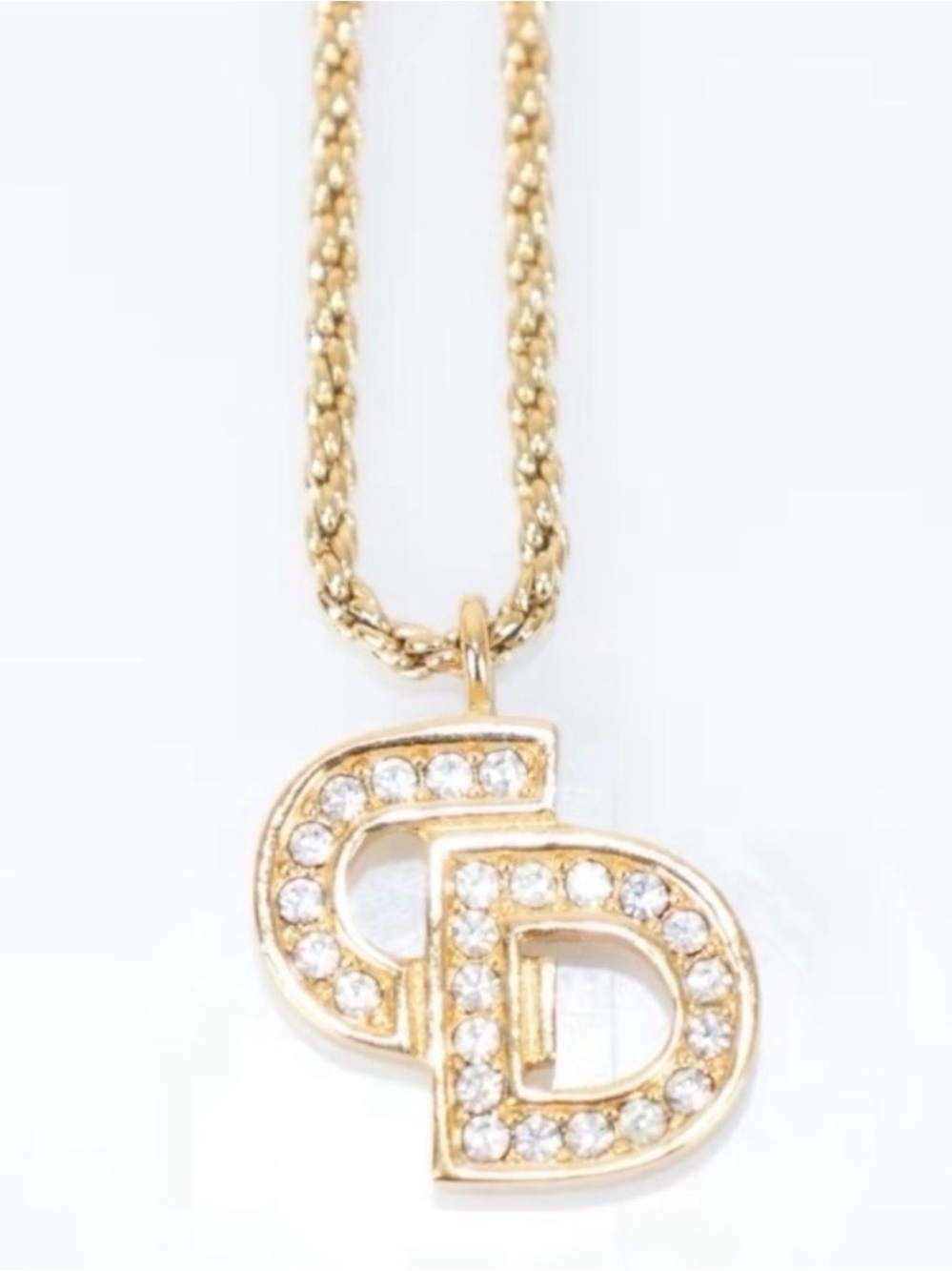CHRISTIAN DIOR Vintage 80’s Rare Crystal Pavé CD Logo Charm Pendant Necklace